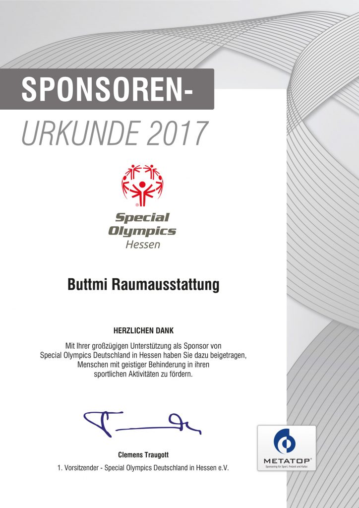 Buttmi Raumausstattung Sponsoren Urkunde 2017